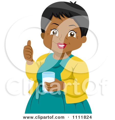 Clipart Happy Black Female Senior Citizen Holding A Thumb Up And Glass Of Milk - Royalty Free Vector Illustration by BNP Design Studio