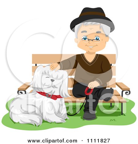 Clipart Happy Male Senior Citizen With A Dog At A Park Bench - Royalty Free Vector Illustration by BNP Design Studio