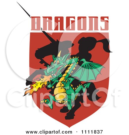 Clipart Dragon And Silhouetted Knight Shield With Text - Royalty Free Vector Illustration by Dennis Holmes Designs