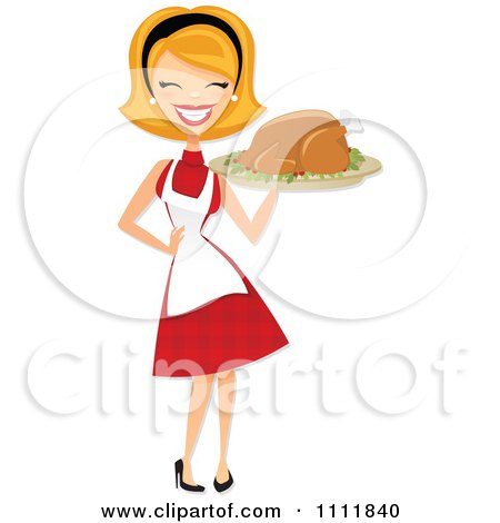 Clipart Happy Retro Blond Woman Carrying A Roasted Thanksgiving Or Christmas Turkey On A Platter - Royalty Free Vector Illustration by Amanda Kate
