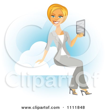 Clipart Blond Businesswoman Holding A Tablet On A Cloud - Royalty Free Vector Illustration by Amanda Kate