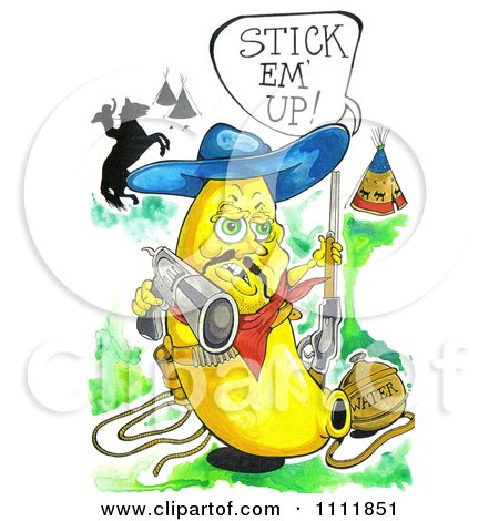 Clipart Banana Cowboy With A Stick Em Up Sign And A Pistol - Royalty Free Illustration by Prawny