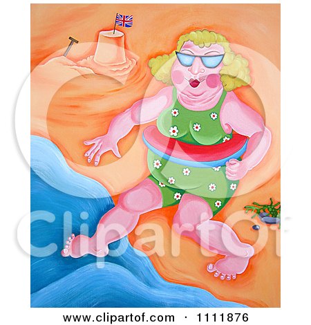 Clipart Chubby Woman Stepping Into The Surf On A Beach - Royalty Free Illustration by Prawny