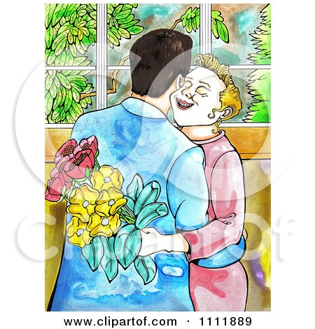 Clipart Happy Woman Accepting Flowers From A Man As They Hug - Royalty Free Illustration by Prawny