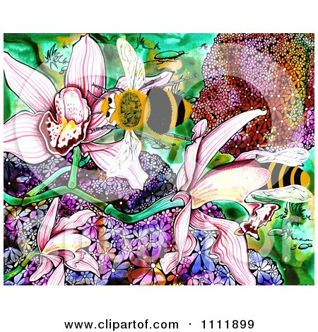 Clipart Bees With Flowers In A Garden - Royalty Free Illustration by Prawny