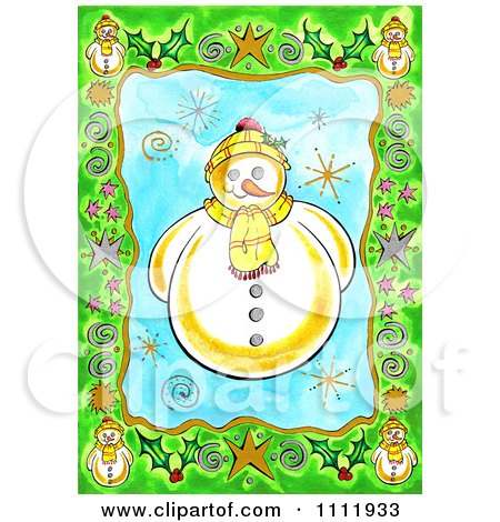 Clipart Friendly Snowman With A Green Christmas Border - Royalty Free Illustration by Prawny