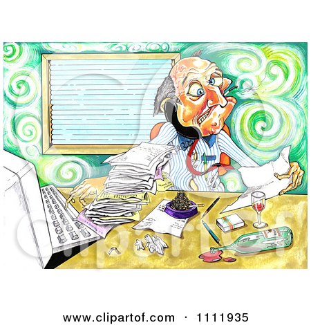 Clipart Stressed Businessman Drinking And Smoking While Trying To Do Paperwork - Royalty Free Illustration by Prawny