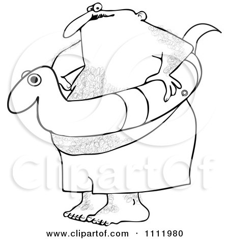 Clipart Outlined Chubby Hairy Man With A Snake Inner Tube - Royalty Free Vector Illustration by djart