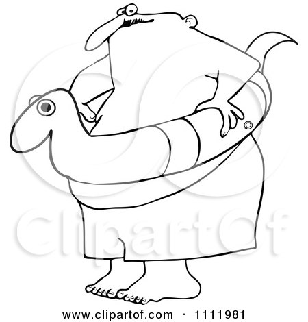 Clipart Outlined Chubby Man With A Snake Inner Tube - Royalty Free Vector Illustration by djart