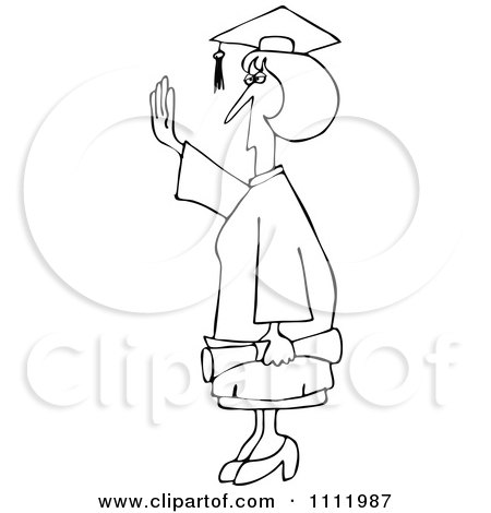 Clipart Outlined Female College Graduate Holding Her Hand Up - Royalty Free Vector Illustration by djart