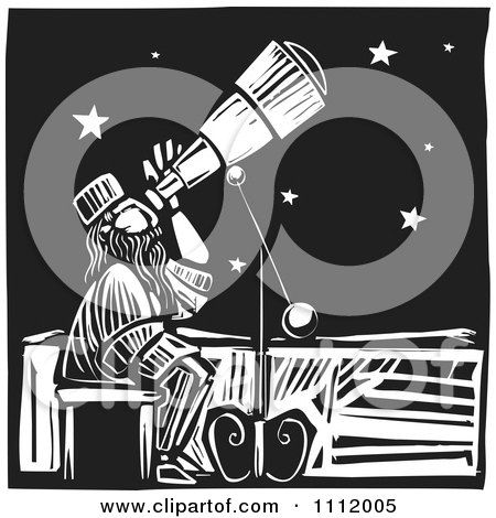Clipart Astronomer Star Gazing Through A Telescope Black And White Woodcut - Royalty Free Vector Illustration by xunantunich