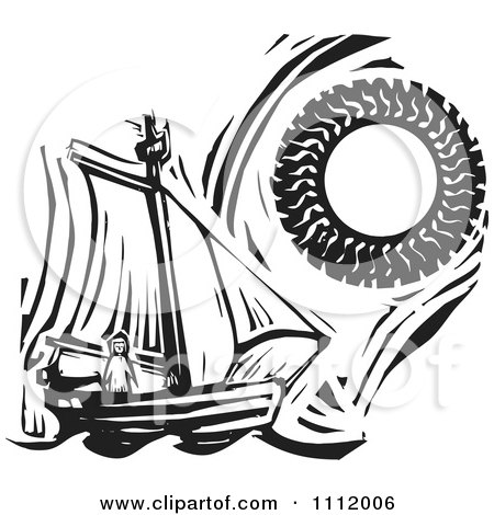 Clipart Lone Girl On A Sailboat Under A Blazing Sun Black And White Woodcun - Royalty Free Vector Illustration by xunantunich