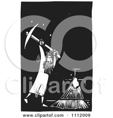 Clipart Man Breaking Through A Wall With A Pick Axe Black And White Woodcut - Royalty Free Vector Illustration by xunantunich