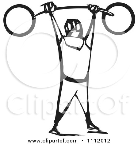 Clipart Strong Man Lifting A Barbell Above His Head Black And White Woodcut - Royalty Free Vector Illustration by xunantunich