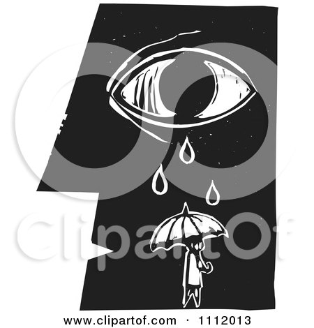 Clipart Person With An Umbrella Under A Crying Eye And Face In Profileblack And White Woodcut - Royalty Free Vector Illustration by xunantunich