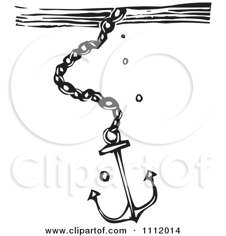 Clipart Anchor Sinking In Water Black And White Woodcut - Royalty Free Vector Illustration by xunantunich