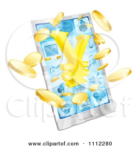 Clipart 3d Smart Phone With Gold Coins And A Yen Symbol Bursting From The Screen - Royalty Free Vector Illustration by AtStockIllustration