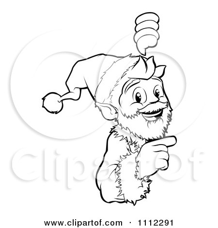 Clipart Outlined Christmas Santa Pointing To And Looking Around A Sign - Royalty Free Vector Illustration by AtStockIllustration