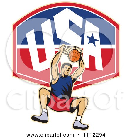 Clipart Basketball Player Dunking The Ball Over A USA Backboard - Royalty Free Vector Illustration by patrimonio