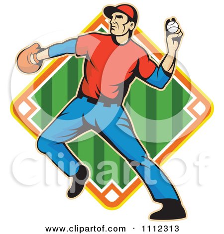 Clipart Baseball Outfielder Player Throwing A Ball Over A Diamond 2 - Royalty Free Vector Illustration by patrimonio