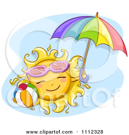 Clipart Happy Sun With Sunglasses A Beach Ball And Umbrella Over Blue - Royalty Free Vector Illustration by BNP Design Studio