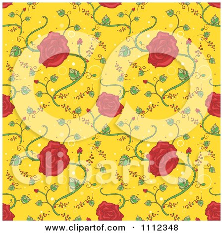 Clipart Seamless Red Rose Floral Pattern Background On Yellow - Royalty Free Vector Illustration by BNP Design Studio