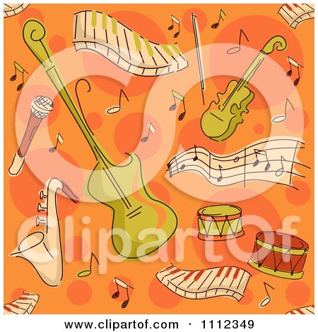 Clipart Seamless Musical Instrument Pattern On Orange - Royalty Free Vector Illustration by BNP Design Studio