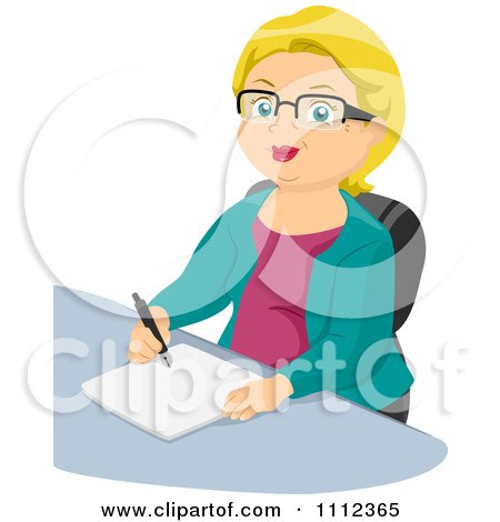 Clipart Blond Senior Woman Writing At A Desk - Royalty Free Vector Illustration by BNP Design Studio