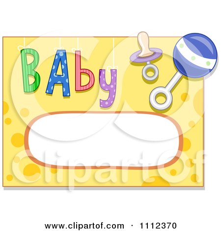 Clipart Baby Pacifier Rattle And Text On Yellow With A Frame - Royalty Free Vector Illustration by BNP Design Studio