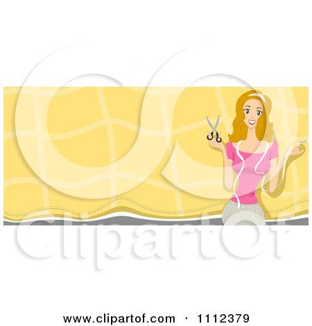 Clipart Website Blog Header Of A Seamstress Holding A Tape Measure And Scissors - Royalty Free Vector Illustration by BNP Design Studio