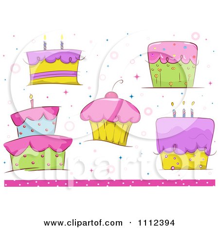 Clipart Birthday Cakes And Cupcakes With A Pink Bottom Border - Royalty Free Vector Illustration by BNP Design Studio
