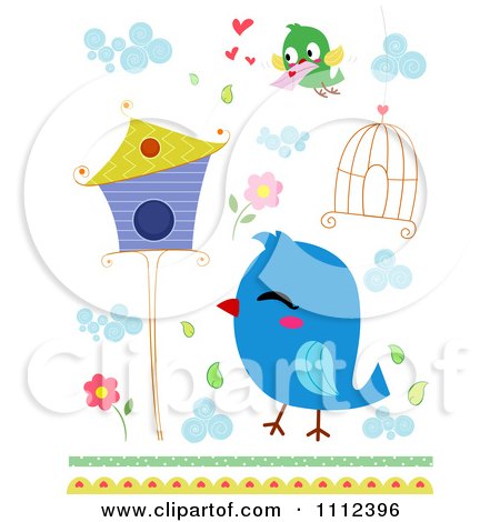 Clipart Bluebird Cage Flowers House And Bird With A Love Letter - Royalty Free Vector Illustration by BNP Design Studio