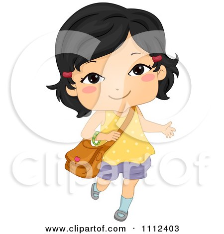 Clipart Cute Happy Asian School Girl Carrying A Bag - Royalty Free Vector Illustration by BNP Design Studio