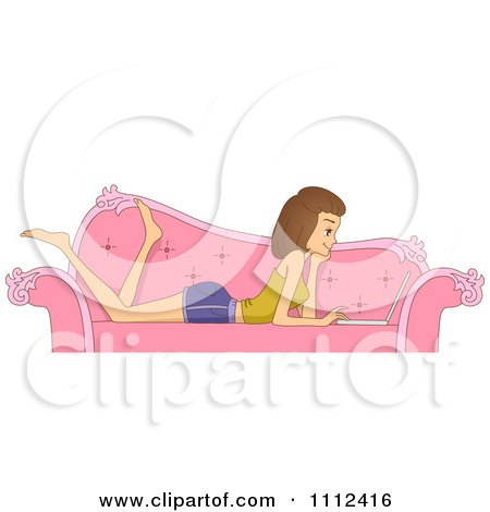 Clipart Blog Header Of A Brunette Woman Using A Laptop On A Pink Couch - Royalty Free Vector Illustration by BNP Design Studio