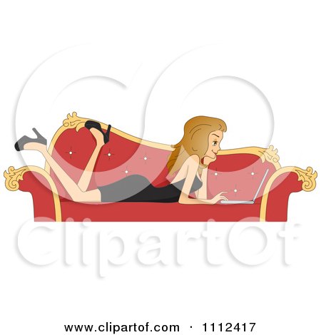 Clipart Blog Header Of A Woman In A Formal Dress Using A Laptop On A Red Couch - Royalty Free Vector Illustration by BNP Design Studio