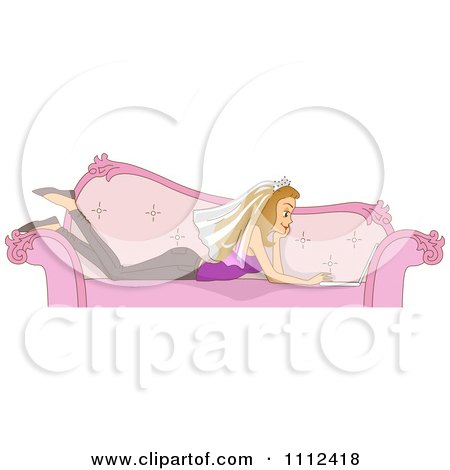 Clipart Blog Header Of A Woman Wearing Her Bridal Veil And Using A Laptop On A Pink Couch, - Royalty Free Vector Illustration by BNP Design Studio