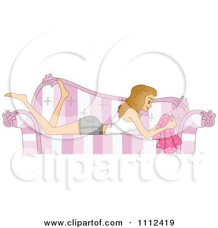 Clipart Blog Header Of A Woman Sewing On A Striped Couch - Royalty Free Vector Illustration by BNP Design Studio