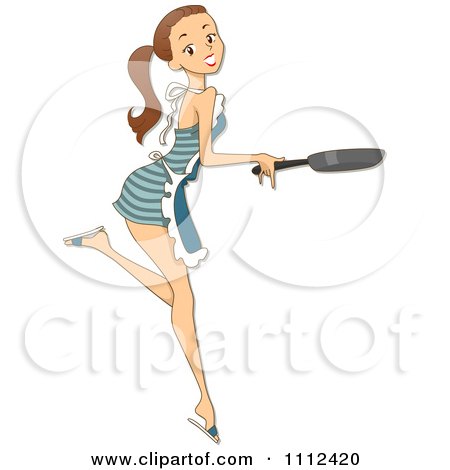 Clipart Sexy Cooking Brunette Woman Holding A Frying Pan - Royalty Free Vector Illustration by BNP Design Studio