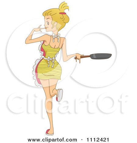 Clipart Sexy Cooking Blond Woman Holding A Frying Pan And Looking Back - Royalty Free Vector Illustration by BNP Design Studio