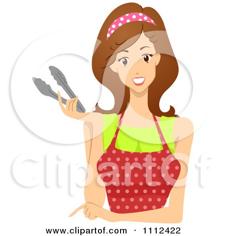 Clipart Brunette Woman In A Polka Dot Apron Holding Tong - Royalty Free Vector Illustration by BNP Design Studio
