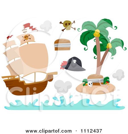Clipart Pirate Ship And Island With Design Elements - Royalty Free Vector Illustration by BNP Design Studio