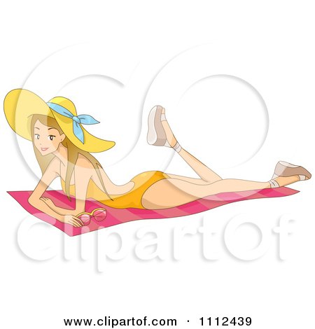 Clipart Young Woman Sun Bathing On A Beach Towel With A Sun Hat - Royalty Free Vector Illustration by BNP Design Studio