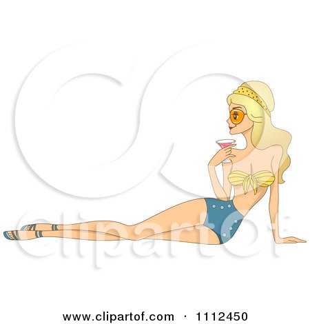 Clipart Retro Blond Woman In A Swimsuit And Holding A Cocktail - Royalty Free Vector Illustration by BNP Design Studio