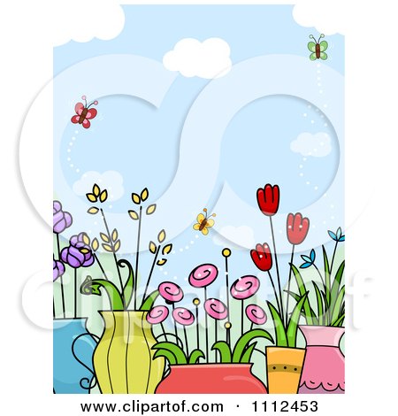 Clipart Background Of Butterflies Over Potted Flower Plants - Royalty Free Vector Illustration by BNP Design Studio