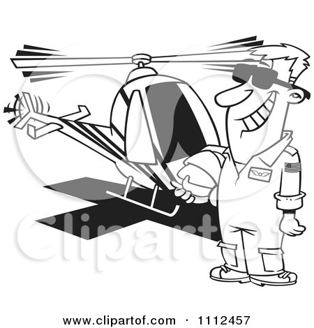 Clipart Outlined Proud Helicopter Pilot Man Standing By His Chopper - Royalty Free Vector Illustration by toonaday