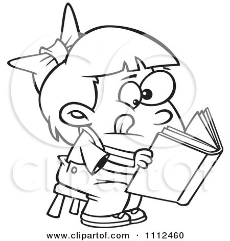 Clipart Outlined Girl Trying To Decipher Information In A Book - Royalty Free Vector Illustration by toonaday