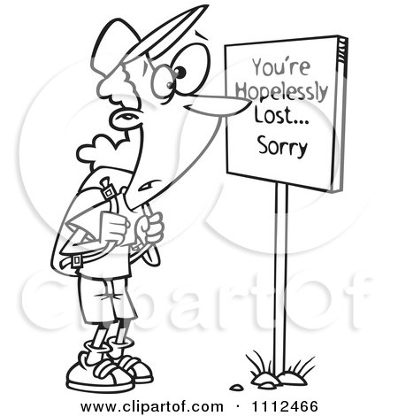 Clipart Outlined Hiker At A Youre Hopelessly Lost Sorry Sign - Royalty Free Vector Illustration by toonaday