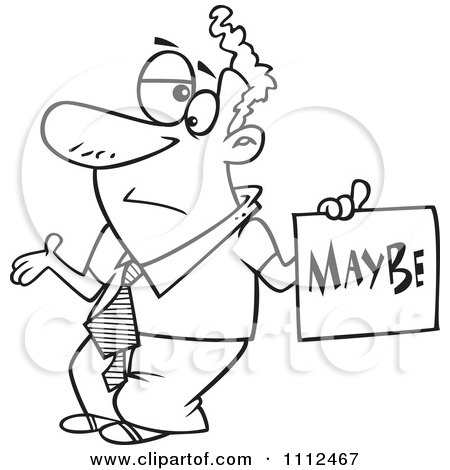 Clipart Outlined Careless Man Shrugging And Holding A Maybe Sign - Royalty Free Vector Illustration by toonaday