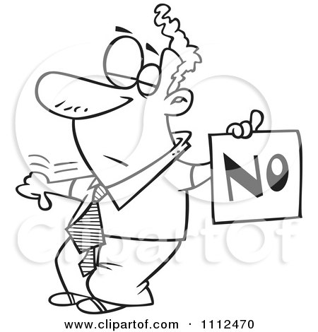 Clipart Outlined Displeased Man With A Thumb Down Holding A NO Sign - Royalty Free Vector Illustration by toonaday