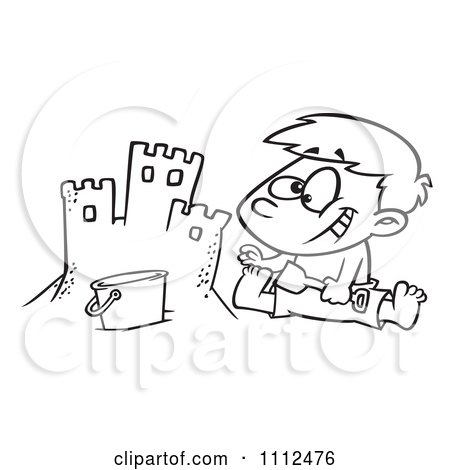 Clipart Outlined Boy Making A Sand Castle On A Beach - Royalty Free Vector Illustration by toonaday